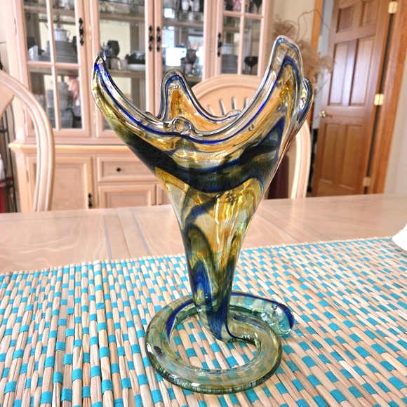 Vintage Mid-Century Free-Form Hand Blown Murano Style Swirl Glass Vase Coil Base - Picture 2 of 16